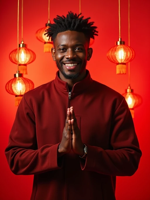 a model enjoying the Chinese New Year atmosphere, with if(gender=f){hands holding lucky red envelopes} if(gender=m){hands making traditional greeting gesture}, radiating happiness and prosperity