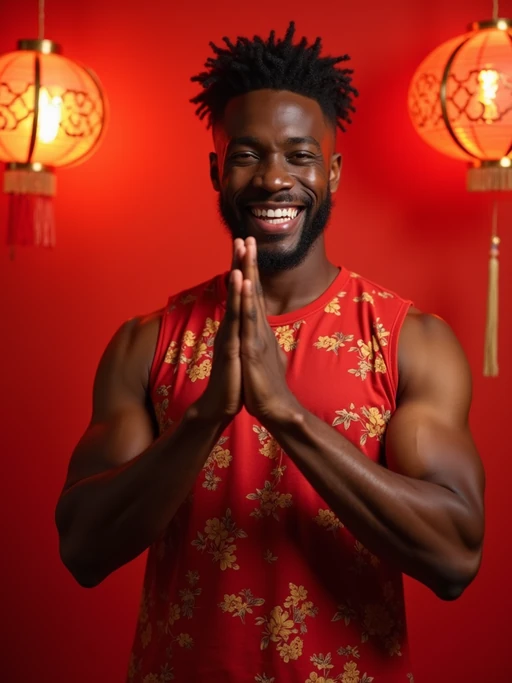 a model enjoying the Chinese New Year atmosphere, with if(gender=f){hands holding lucky red envelopes} if(gender=m){hands making traditional greeting gesture}, radiating happiness and prosperity