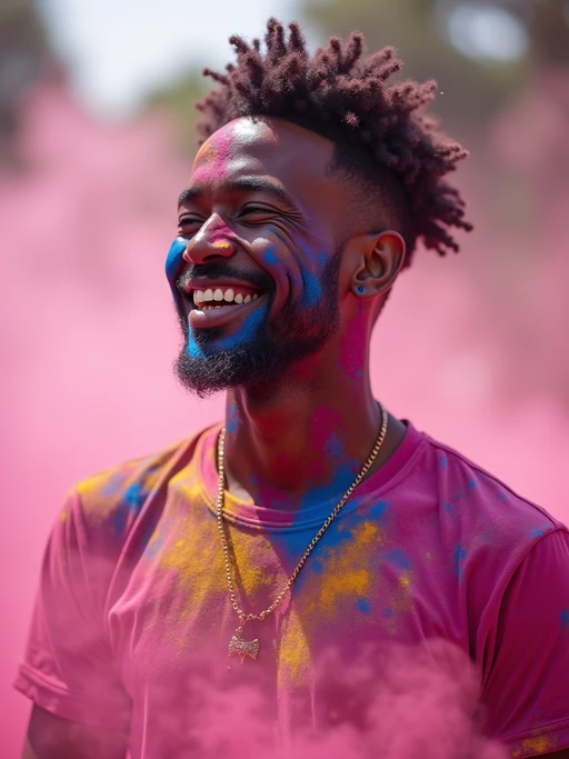 an incredibly attractive model during Holi celebrations, face and clothes covered with pink, blue, and yellow powders, smiling radiantly in the midst of color clouds