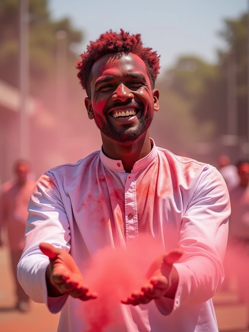 a stunning model celebrating Holi festival, covered in vibrant colored powders, wearing if(gender=f){a white traditional kurta} if(gender=m){a white traditional kurta}, joyfully throwing colorful powder in the air against a festive background