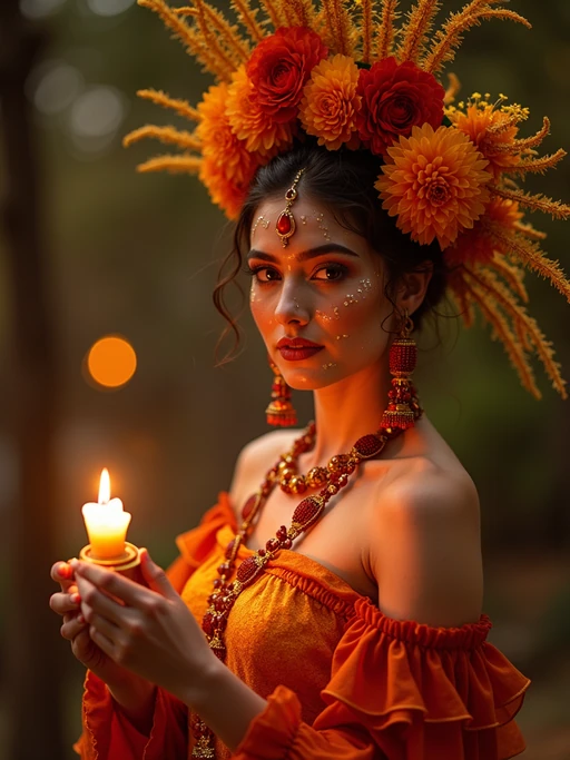 a model in if(gender=f){a vibrant Catrina costume with floral headdress} if(gender=m){an elegant Catrín outfit with traditional hat}, striking a pose with beautiful marigold petals and candlelight casting warm patterns