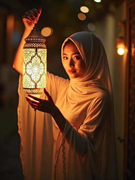 a model in if(gender=f){a flowing abaya with subtle sparkles} if(gender=m){a festive kurta with traditional vest}, striking a pose with a beautiful Ramadan lantern casting intricate light patterns