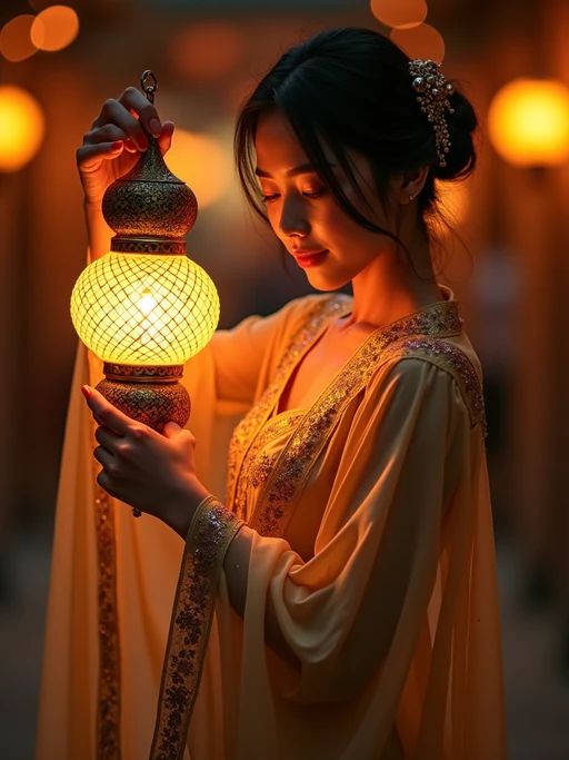 a model in if(gender=f){a flowing abaya with subtle sparkles} if(gender=m){a festive kurta with traditional vest}, striking a pose with a beautiful Ramadan lantern casting intricate light patterns