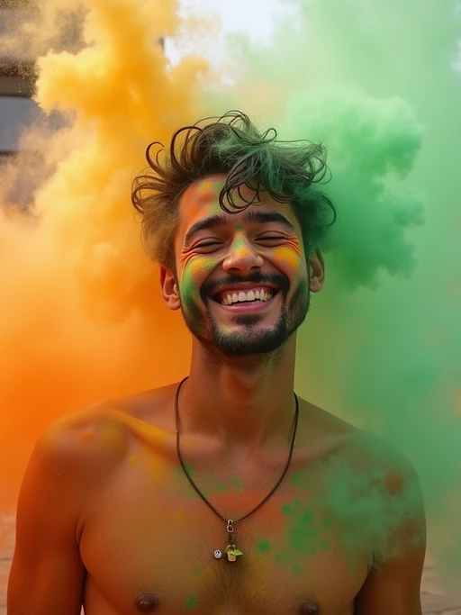 a model with if(gender=f){face beautifully decorated with yellow and pink Holi colors} if(gender=m){a joyful expression as green and orange powders are thrown at them}, adding a magical quality to their festival look, with colored powder explosions visible in the background