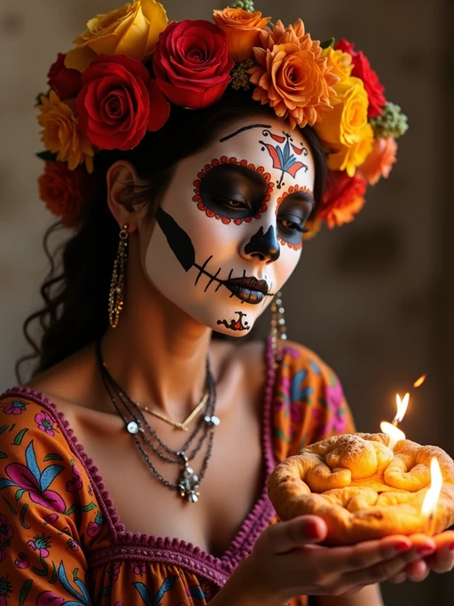 a model in traditional attire during Día de los Muertos, sharing if(gender=f){pan de muerto with family} if(gender=m){traditional Mexican treats with guests}, capturing the celebratory and family-oriented spirit of honoring ancestors