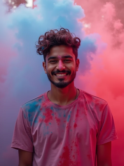 a stunning model surrounded by if(gender=f){swirls of purple and green powder in the air} if(gender=m){clouds of red and blue colors being thrown}, capturing the sense of community and celebration during the festival of colors