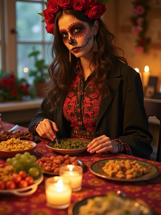 a model enjoying Day of the Dead festivities, surrounded by if(gender=f){family members arranging ofrendas} if(gender=m){friends lighting candles at an altar}, with a table full of traditional foods and favorite dishes of the departed
