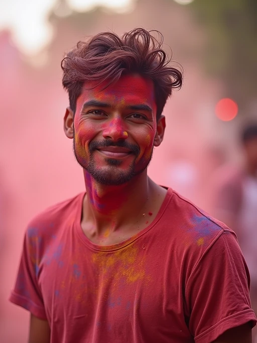 a model in if(gender=f){a traditional outfit now barely recognizable under layers of Holi colors} if(gender=m){simple clothes now completely transformed by festival powders}, embodying the playful culture of Holi where everyone becomes a canvas