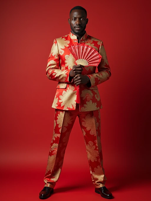 a model in if(gender=f){a silk qipao with embroidered details} if(gender=m){a festive Tang suit with traditional elements}, embodying the joyful and prosperous nature of Chinese New Year, with a red fan or lucky ornament in hand