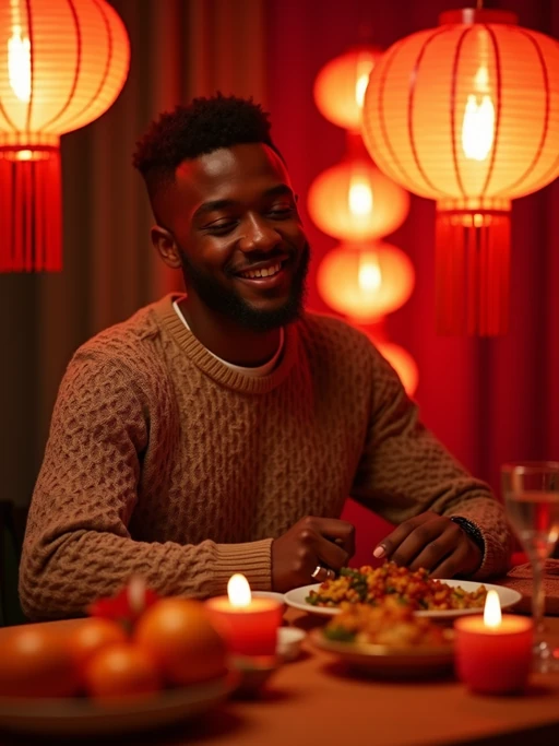 an incredibly attractive model during Chinese New Year evening celebrations, surrounded by glowing red lanterns, preparing for family reunion dinner with mandarin oranges and traditional foods on a beautifully decorated table