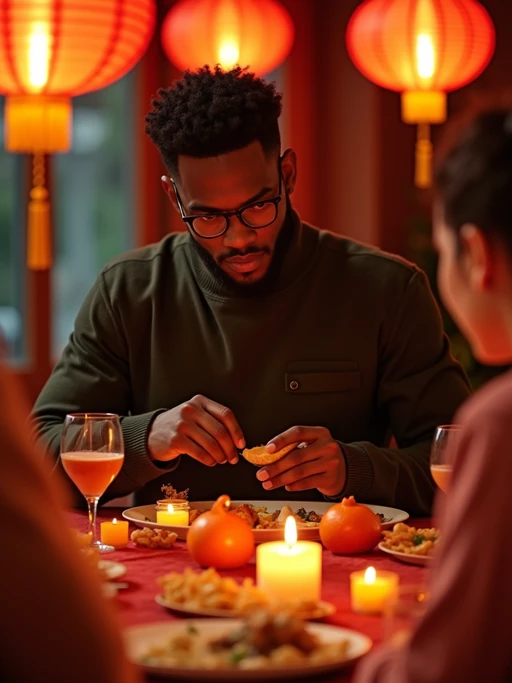 an incredibly attractive model during Chinese New Year evening celebrations, surrounded by glowing red lanterns, preparing for family reunion dinner with mandarin oranges and traditional foods on a beautifully decorated table
