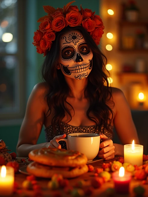 an incredibly attractive model during Día de los Muertos celebrations, surrounded by glowing candles and ofrendas, enjoying traditional pan de muerto and Mexican hot chocolate on a beautifully decorated altar