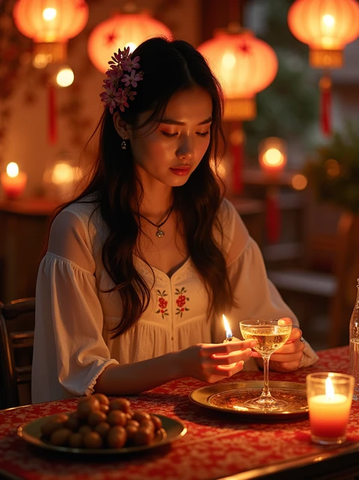 an incredibly attractive model during Ramadan evening celebrations, surrounded by glowing fanous lanterns, preparing for iftar with dates and water on a beautifully decorated table