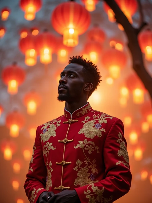 a stunning model celebrating Chinese New Year, sky full of traditional floating lanterns, wearing if(gender=f){a beautiful qipao dress in red and gold} if(gender=m){a traditional Tang suit in auspicious colors}