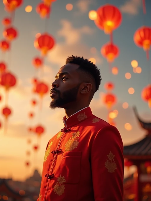 a stunning model celebrating Chinese New Year, sky full of traditional floating lanterns, wearing if(gender=f){a beautiful qipao dress in red and gold} if(gender=m){a traditional Tang suit in auspicious colors}