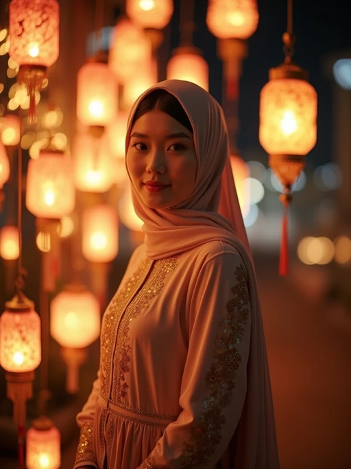 a stunning model celebrating Ramadan, surrounded by traditional lanterns and fairy lights, wearing if(gender=f){a beautiful modest outfit with elegant hijab} if(gender=m){a traditional thobe or kurta}, with crescent moon decorations in the background