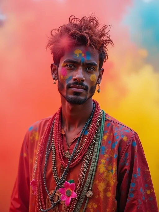 a stunning model in if(gender=f){a white outfit now transformed by the colors of Holi} if(gender=m){traditional clothes now painted with festival colors}, capturing their eclectic and vibrant look against a backdrop of color explosions