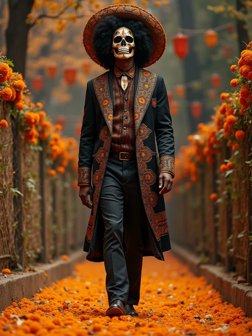a stunning model surrounded by if(gender=f){beautiful altar decorations and candles} if(gender=m){traditional symbols and marigold paths}, capturing the sense of remembrance and family connection during Día de los Muertos