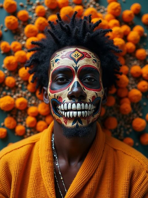 a stunning model surrounded by if(gender=f){beautiful altar decorations and candles} if(gender=m){traditional symbols and marigold paths}, capturing the sense of remembrance and family connection during Día de los Muertos