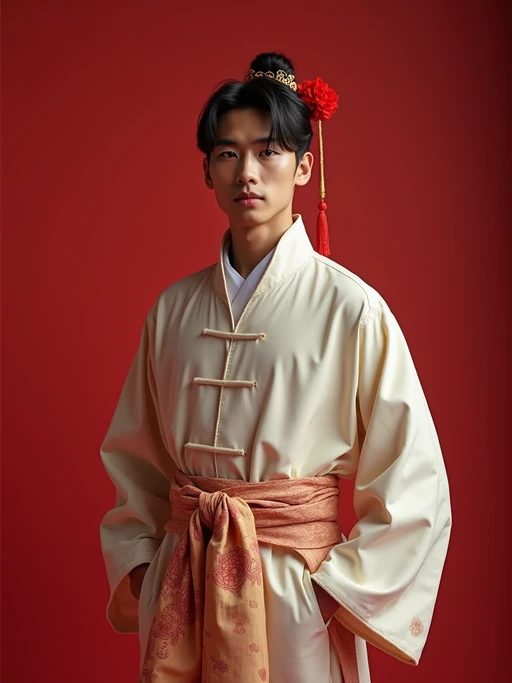 a model in if(gender=f){a traditional outfit with modern fashion elements} if(gender=m){a modern take on traditional clothes}, embodying the balance of tradition and contemporary life during Chinese New Year