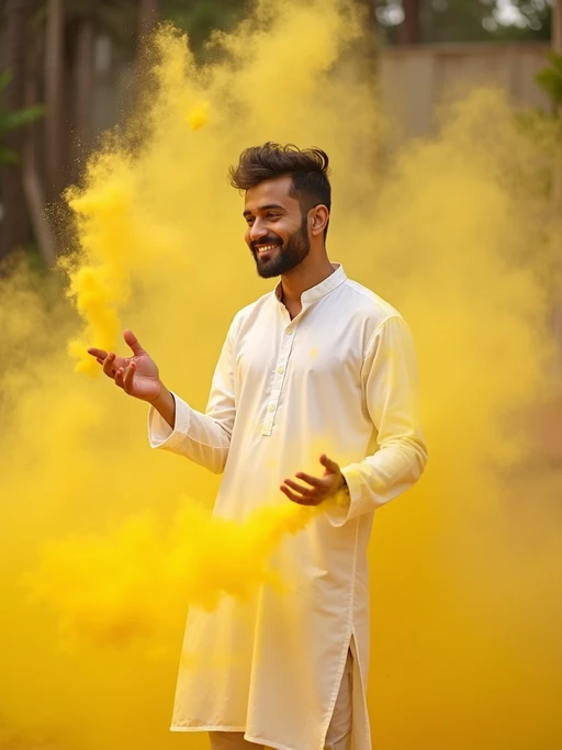a model in if(gender=f){a white salwar kameez now rainbow-colored from Holi powders} if(gender=m){a white kurta pajama now multicolored from the celebration}, striking a pose while throwing handfuls of bright yellow powder