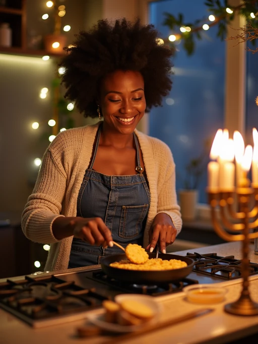 a model with if(gender=f){a happy expression while frying latkes in a warm kitchen} if(gender=m){a joyful look while reciting Hanukkah blessings}, adding a festive quality to their celebration, with menorah lights and blue and gold decorations visible in the background