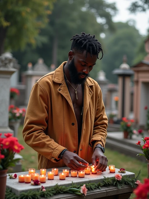 a model with if(gender=f){hands holding traditional marigold flowers} if(gender=m){hands lighting candles on an altar}, standing out in a beautifully decorated cemetery with colorful graves and offerings
