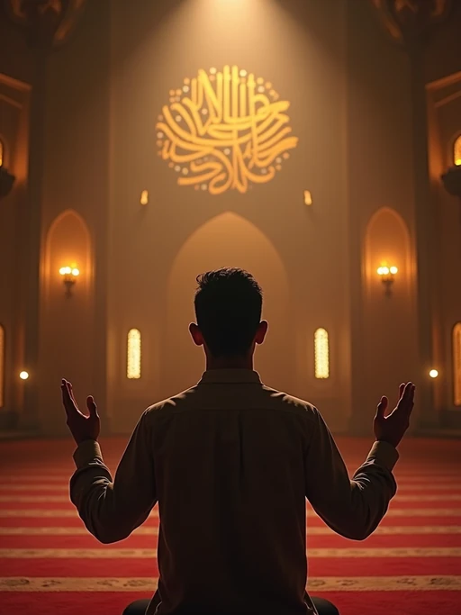 a model with if(gender=f){hands holding a Quran and prayer beads} if(gender=m){hands raised in dua prayer}, standing out in a beautifully decorated prayer space with soft lighting and Islamic calligraphy
