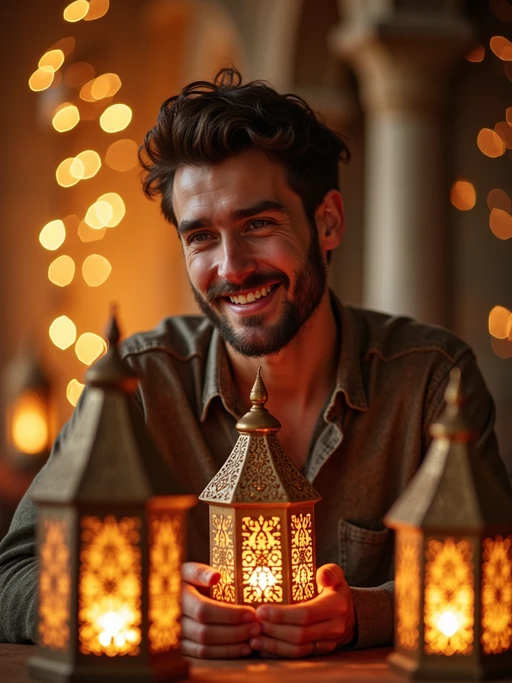 a stunning model surrounded by if(gender=f){beautiful Eid decorations and candles} if(gender=m){traditional lanterns and Islamic art}, capturing the sense of joy and family connection during the holiday