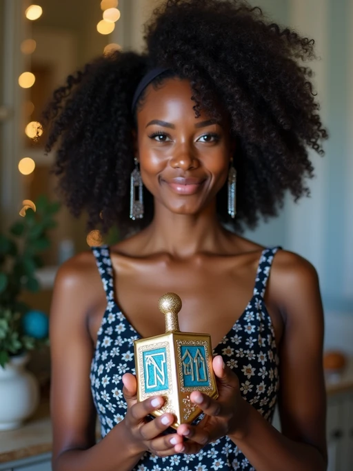 a model with if(gender=f){hands holding a beautifully decorated dreidel} if(gender=m){hands lighting the menorah candles}, standing out in a beautifully decorated home with blue and silver ornaments and Hebrew calligraphy