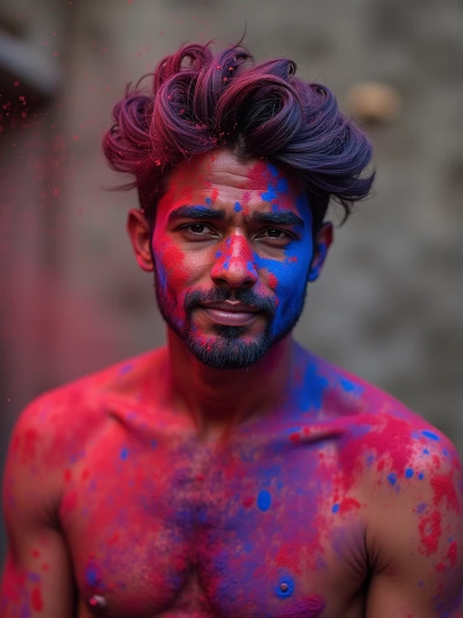 a stunning model with if(gender=f){hair and face decorated with purple and green Holi colors} if(gender=m){face and arms covered in red and blue Holi powders}, capturing the essence of this ancient Hindu celebration