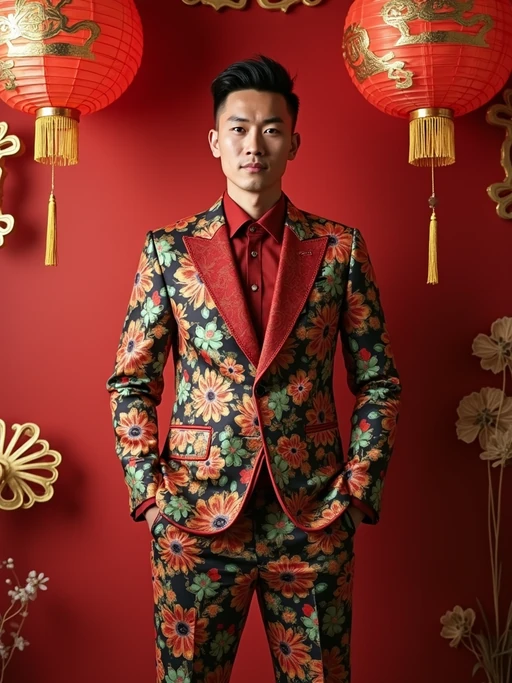 a stunning model in if(gender=f){a modern take on traditional Chinese attire} if(gender=m){contemporary fashion with traditional Chinese touches}, capturing their festive look against a backdrop of Chinese zodiac symbols and Chinese New Year decorations