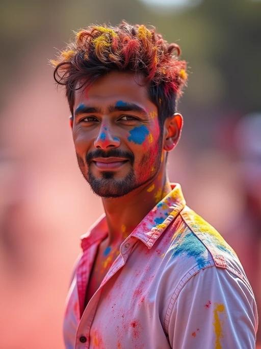 a model in if(gender=f){a simple white outfit now stained with colorful Holi powders} if(gender=m){a white shirt now covered with vibrant Holi colors}, embodying the free-spirited and joyful nature of the festival of colors