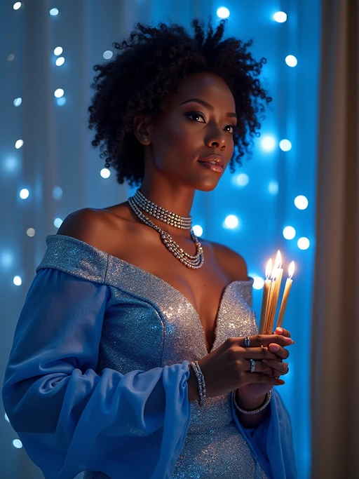 a stunning model in if(gender=f){a festive outfit in blue, white and silver} if(gender=m){traditional attire with holiday symbols}, embodying the resilience and faith celebrated during Hanukkah