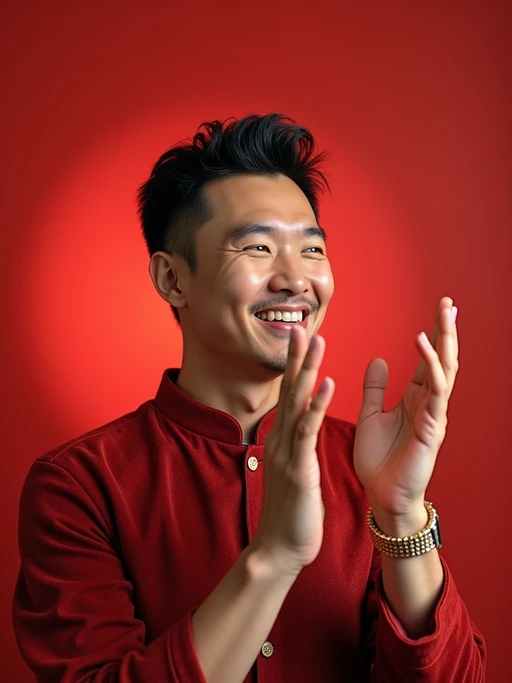 a model enjoying the Chinese New Year atmosphere, with if(gender=f){hands holding lucky red envelopes} if(gender=m){hands making traditional greeting gesture}, radiating happiness and prosperity