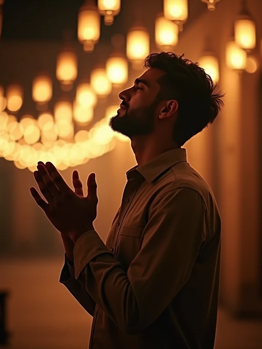 a model enjoying the Ramadan atmosphere, with if(gender=f){hands decorated with henna and holding a prayer book} if(gender=m){hands raised in prayer under soft lantern light}, radiating peace and spirituality