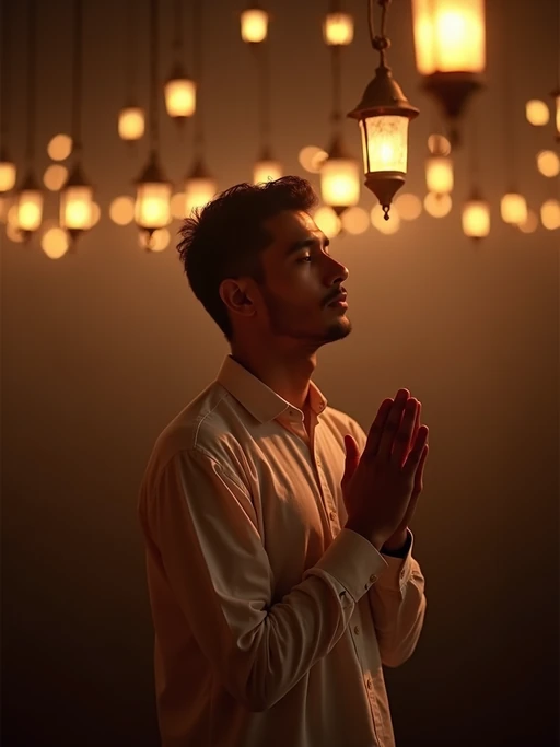 a model enjoying the Ramadan atmosphere, with if(gender=f){hands decorated with henna and holding a prayer book} if(gender=m){hands raised in prayer under soft lantern light}, radiating peace and spirituality