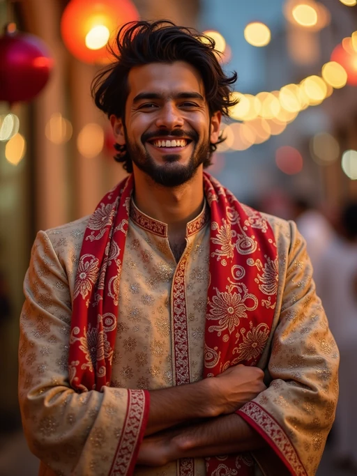 a model in if(gender=f){a modest yet fashionable Eid outfit} if(gender=m){traditional Eid clothes}, capturing their joyful energy during the end of Ramadan celebrations, with henna designs and festive decorations