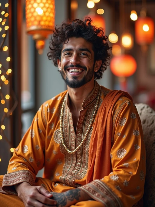 a model in if(gender=f){a modest yet fashionable Eid outfit} if(gender=m){traditional Eid clothes}, capturing their joyful energy during the end of Ramadan celebrations, with henna designs and festive decorations