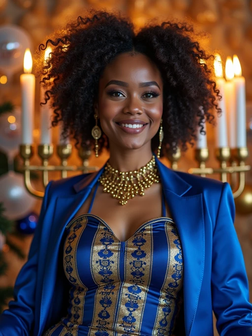 a stunning model in if(gender=f){a modern outfit with traditional blue and gold elements} if(gender=m){contemporary fashion with traditional Jewish touches}, capturing their festive look against a backdrop of Hanukkah symbols and decorations