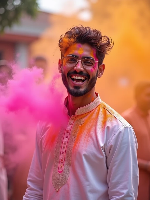 a stunning model celebrating Holi festival, covered in vibrant colored powders, wearing if(gender=f){a white traditional kurta} if(gender=m){a white traditional kurta}, joyfully throwing colorful powder in the air against a festive background
