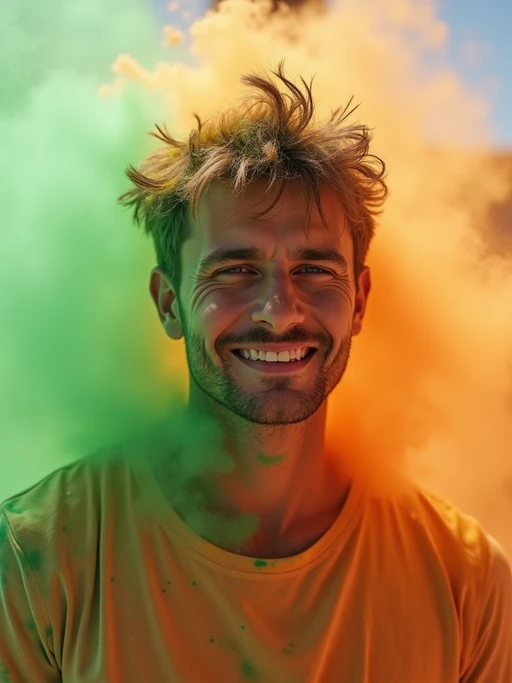 a model with if(gender=f){face beautifully decorated with yellow and pink Holi colors} if(gender=m){a joyful expression as green and orange powders are thrown at them}, adding a magical quality to their festival look, with colored powder explosions visible in the background
