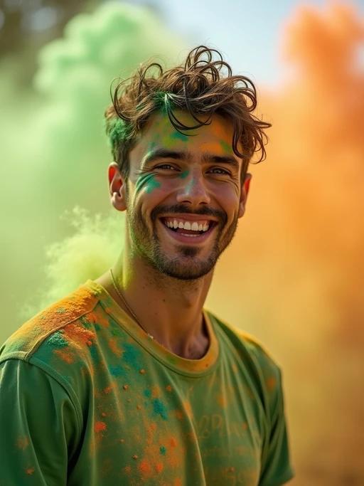 a model with if(gender=f){face beautifully decorated with yellow and pink Holi colors} if(gender=m){a joyful expression as green and orange powders are thrown at them}, adding a magical quality to their festival look, with colored powder explosions visible in the background