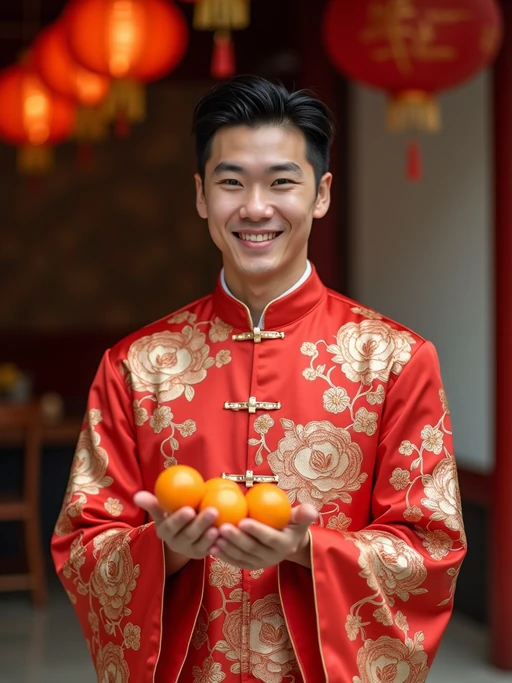 a model in traditional attire during Chinese New Year, sharing if(gender=f){homemade dumplings with family} if(gender=m){mandarin oranges with guests}, capturing the generous and family-oriented spirit of the Spring Festival