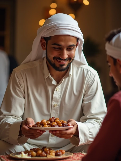 a model in traditional attire during Ramadan, sharing if(gender=f){homemade sweets with family} if(gender=m){dates and food with guests}, capturing the generous and community spirit of the holy month