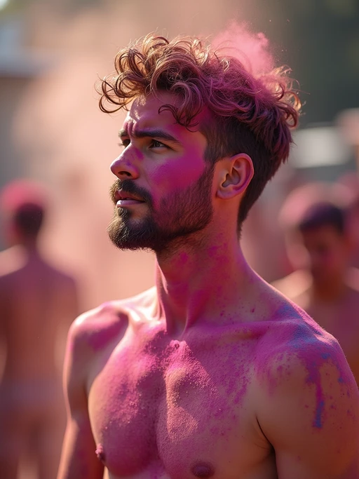 a model in if(gender=f){a traditional outfit now barely recognizable under layers of Holi colors} if(gender=m){simple clothes now completely transformed by festival powders}, embodying the playful culture of Holi where everyone becomes a canvas
