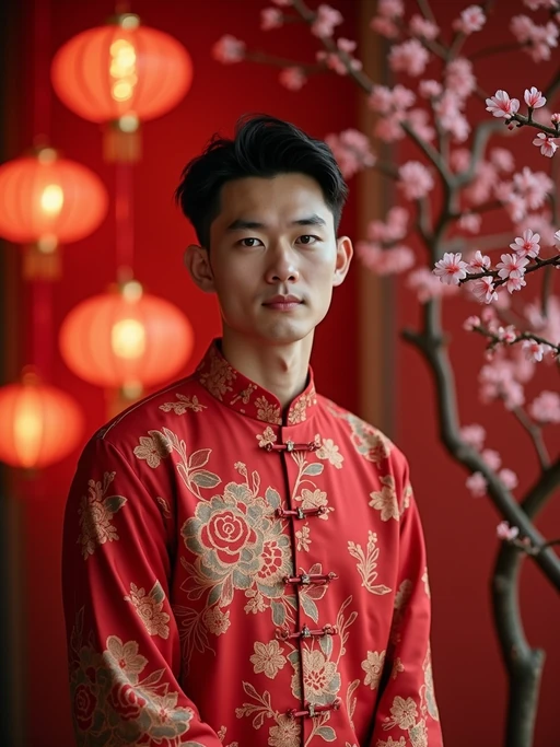 a stunning model with if(gender=f){an elegantly styled hair with traditional accessories} if(gender=m){a traditional look with modern touches}, capturing the essence of Lunar Chinese New Year traditions in a room decorated with plum blossoms and paper-cut decorations