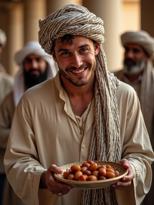 a model in traditional attire during Eid, sharing if(gender=f){homemade sweets with family} if(gender=m){dates and food with guests}, capturing the generous and community spirit of the holiday