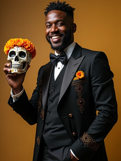 a model in if(gender=f){a flowing traditional dress with floral patterns} if(gender=m){a crisp dark suit with traditional Mexican details}, embodying the joyful and spiritual nature of Day of the Dead, with a sugar skull or marigold in hand
