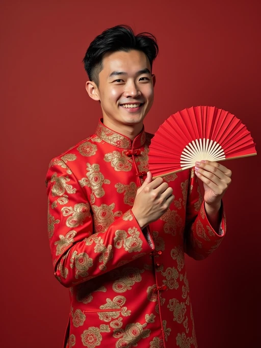 a model in if(gender=f){a silk qipao with embroidered details} if(gender=m){a festive Tang suit with traditional elements}, embodying the joyful and prosperous nature of Chinese New Year, with a red fan or lucky ornament in hand